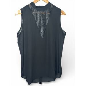 ☀️Krisa Black Mock Neck  Yoke Tank Blouse Sleeveless Top Size L NWT